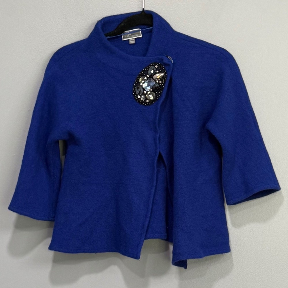 JM Collection Petite Blue 100% Wool Jeweled Cardigan Sweater P/S